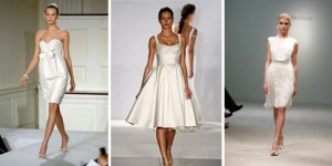 A trio of shorter style bridal gowns