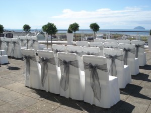 Ceremony Chairs Dressed for Outside Wedding on Terrace at Turnberry